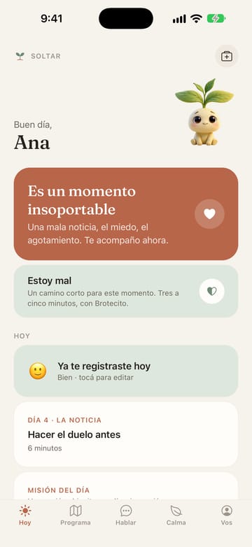 Pantalla Hoy de Soltar en duelo anticipado: botón Es un momento insoportable, botón Estoy mal y el día 4 del programa Mientras acompaño