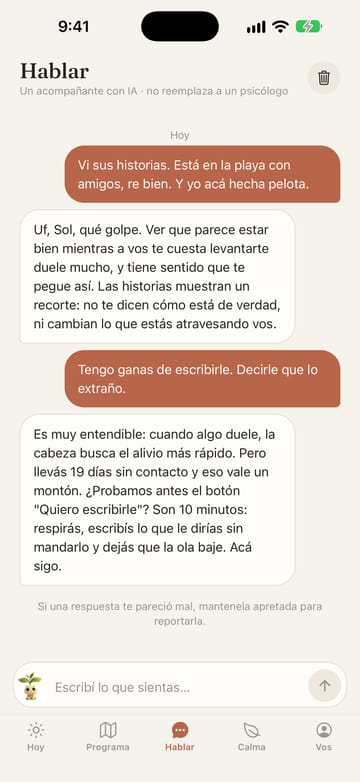 Pantalla Hablar: una conversación en la que el acompañante responde con calidez a alguien que vio las historias de su ex