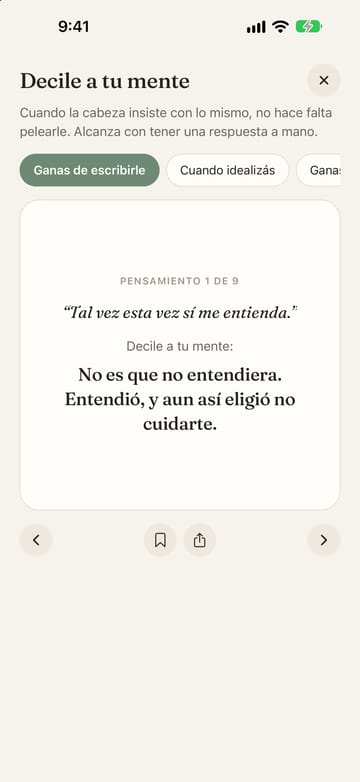 Pantalla Decile a tu mente: el pensamiento Tal vez esta vez sí me entienda, con una respuesta para leer