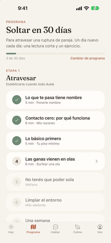 Pantalla del programa Soltar en 30 días: etapa Atravesar con los primeros días completados y el cuarto, Las ganas vienen en olas, disponible